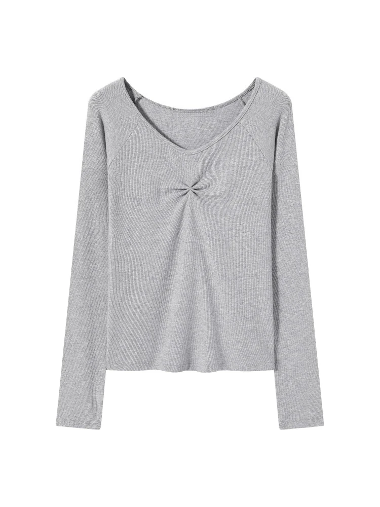 2026 Autumn Winter Women's T-Shirt Minimalist Slim Versatile Long Sleeve Tee Solid Collarbone Revealing Pleated Base Layer Top