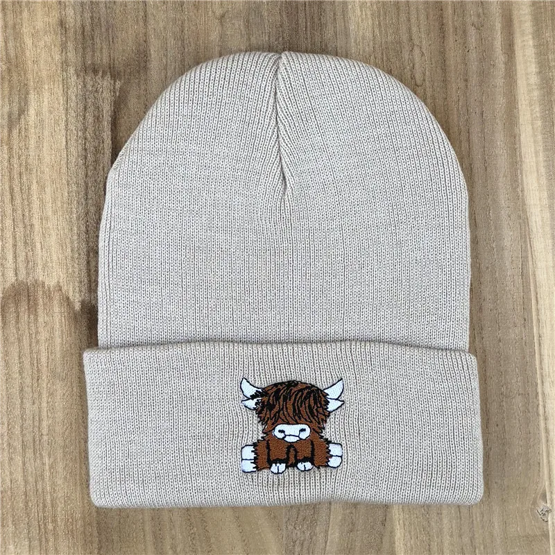 Unisex-Mütze mit Highland-Kuh-Stickerei, weiche warme Strickmütze für den Herbst und Winter – Detail 10