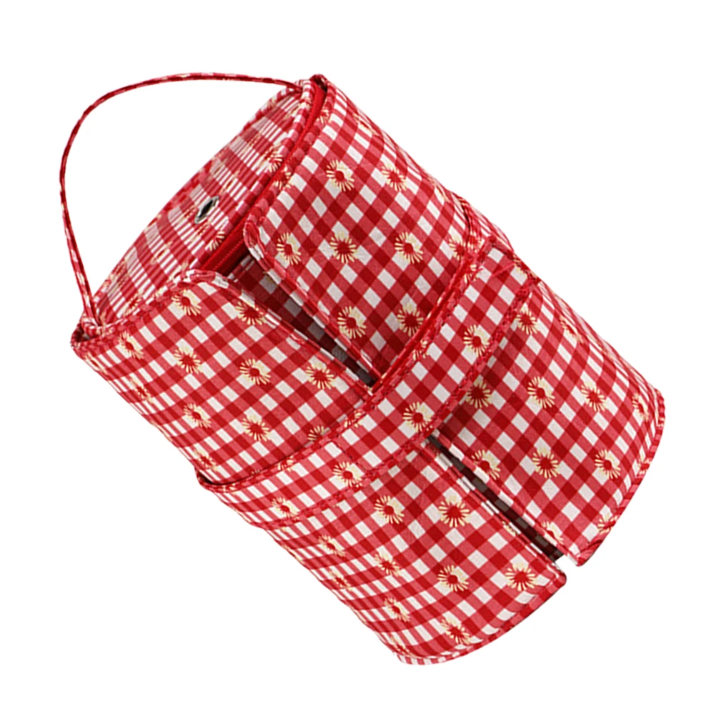 

Knitting Yarn Tote Bag Crochet Storage Organizer Polyester Red White Checker Small Daisies Needle Hook Tools Carry Case Sewing
