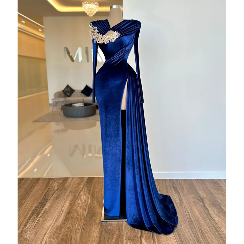 Royal Blue Velvet Evening Dresses High Side Split Pleat Appliques Mermaid Luxury Formal Party Gowns Custom Prom Dress for Women