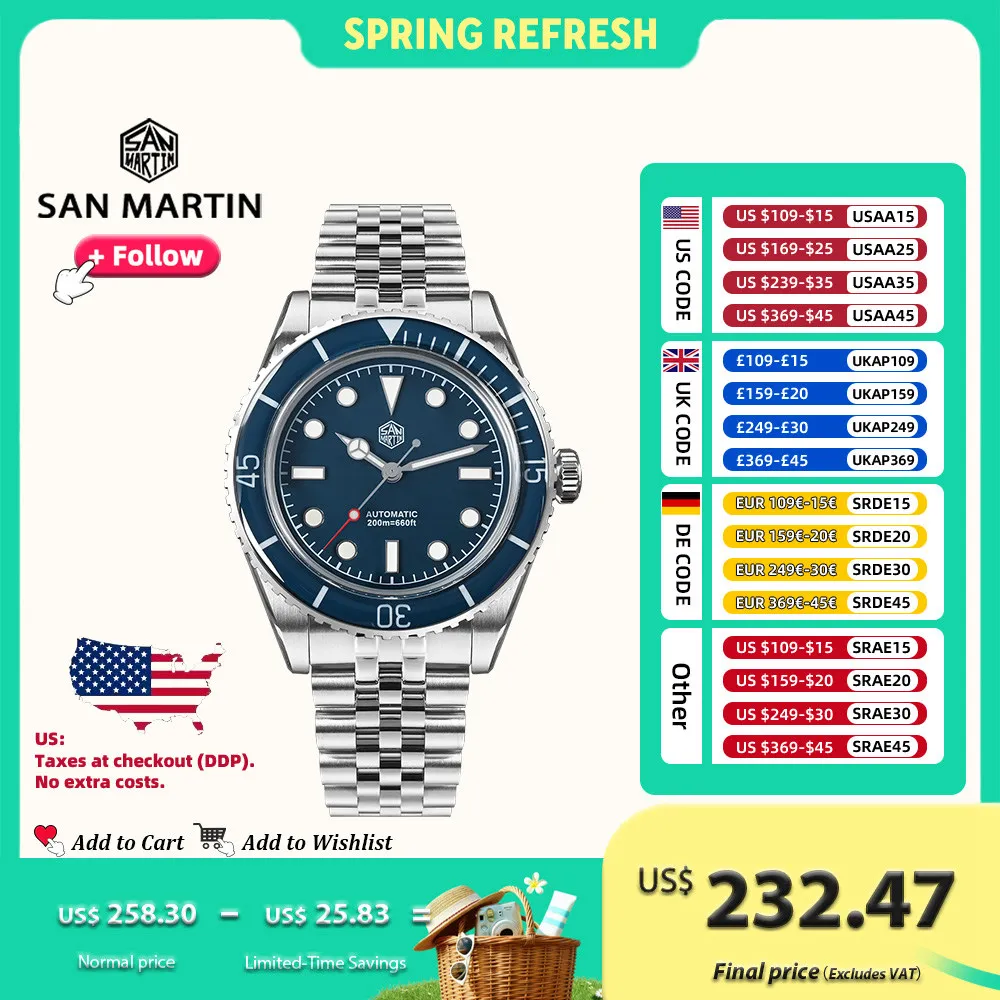 

San Martin 40mm Men Dive Watch NH35 Automatic Movement Mechanical Wristwatches Sapphire Crystal Fully Luminous Waterproof 20Bar