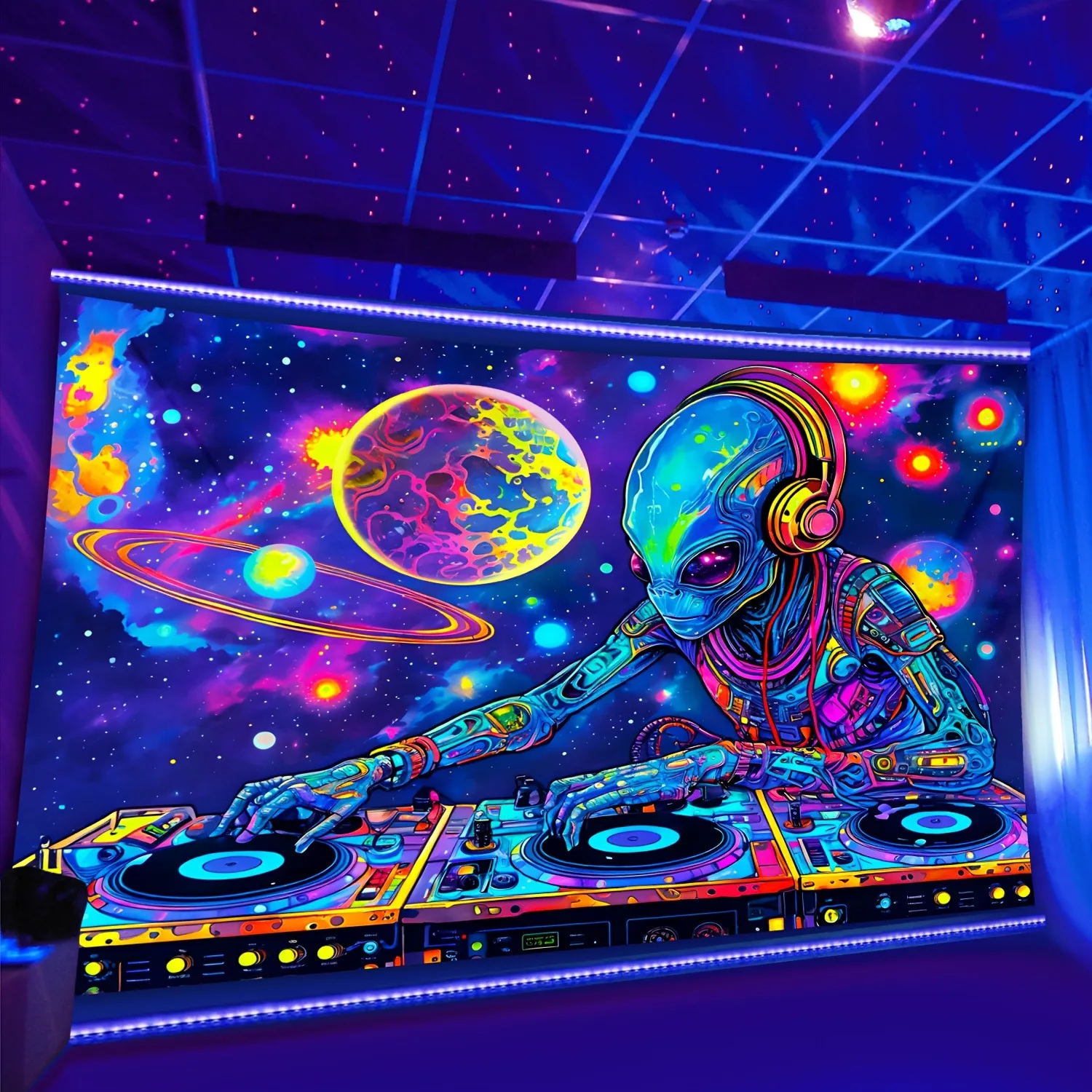 Alien DJ Galaxy Fluorescent Tapestry Spinning in Outer SpaceUV tapestry wall hanging bedroom home party decoration