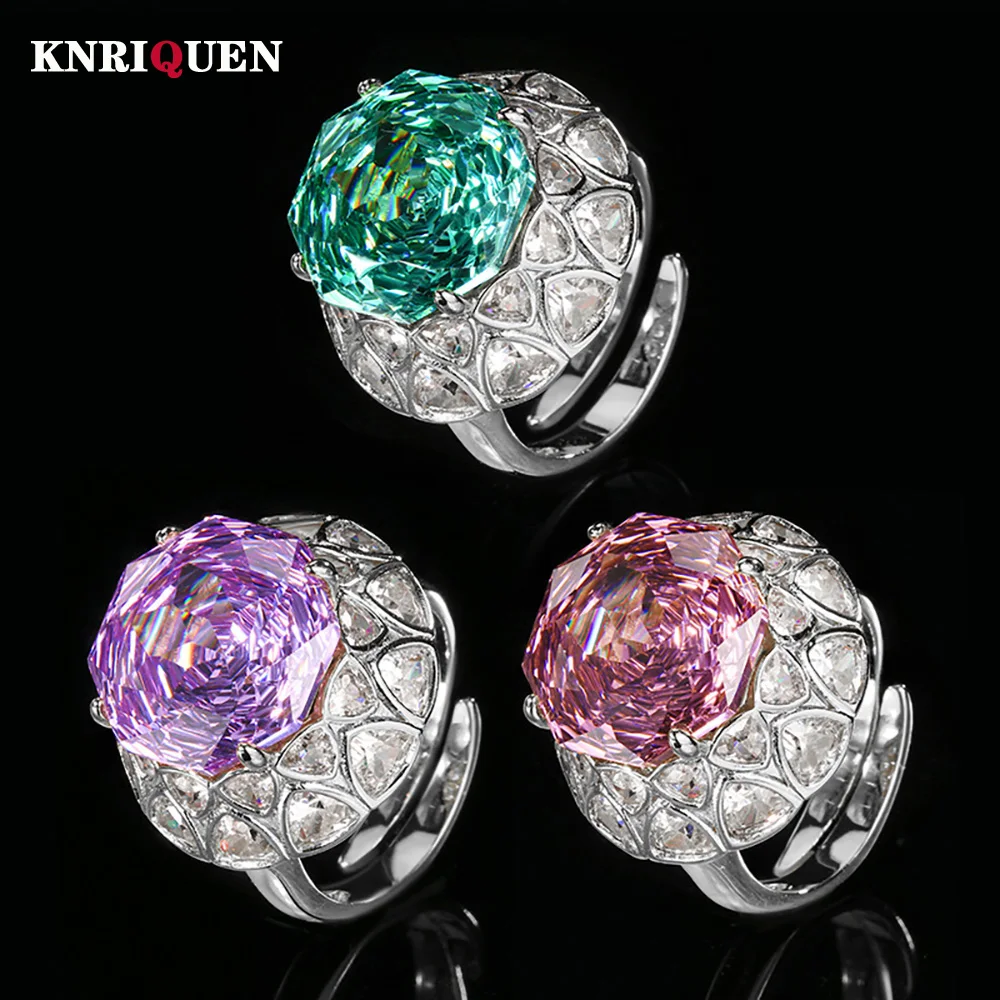 

Luxury 14*14MM Pink Quartz Amethyst Green Tourmaline Rings Gemstone Party Fine Jewelry for Women Famale Accessories Bithday Gift