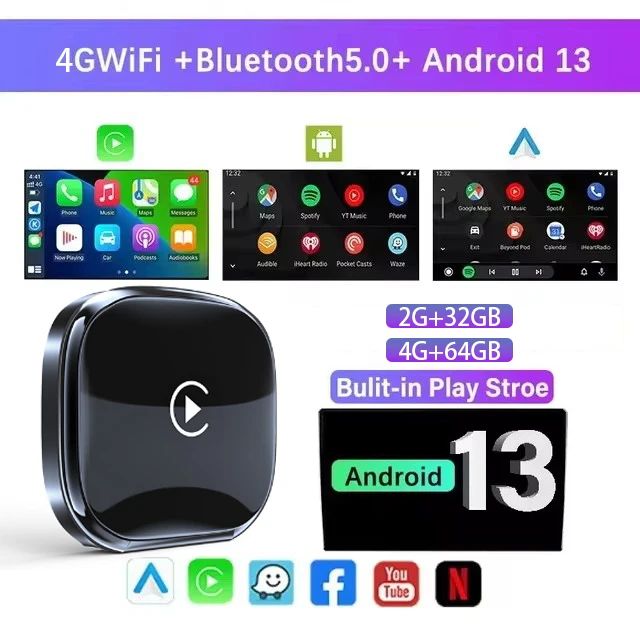 

4G WiFi AI Box Wireless Android Auto Adapter Wired To Wireless Dongle Android 13.0 CarPlay Car Tv Box With Youtube Nexflit