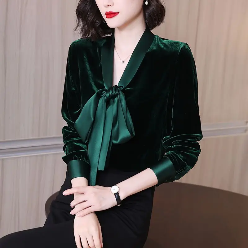 السيدات خمر الخامس الرقبة المخملية بلوزة القوس الدانتيل متابعة قسط قميص فريد الشريط تقسم طويلة الأكمام بلايز مكتب سيدة الملابس الخريف