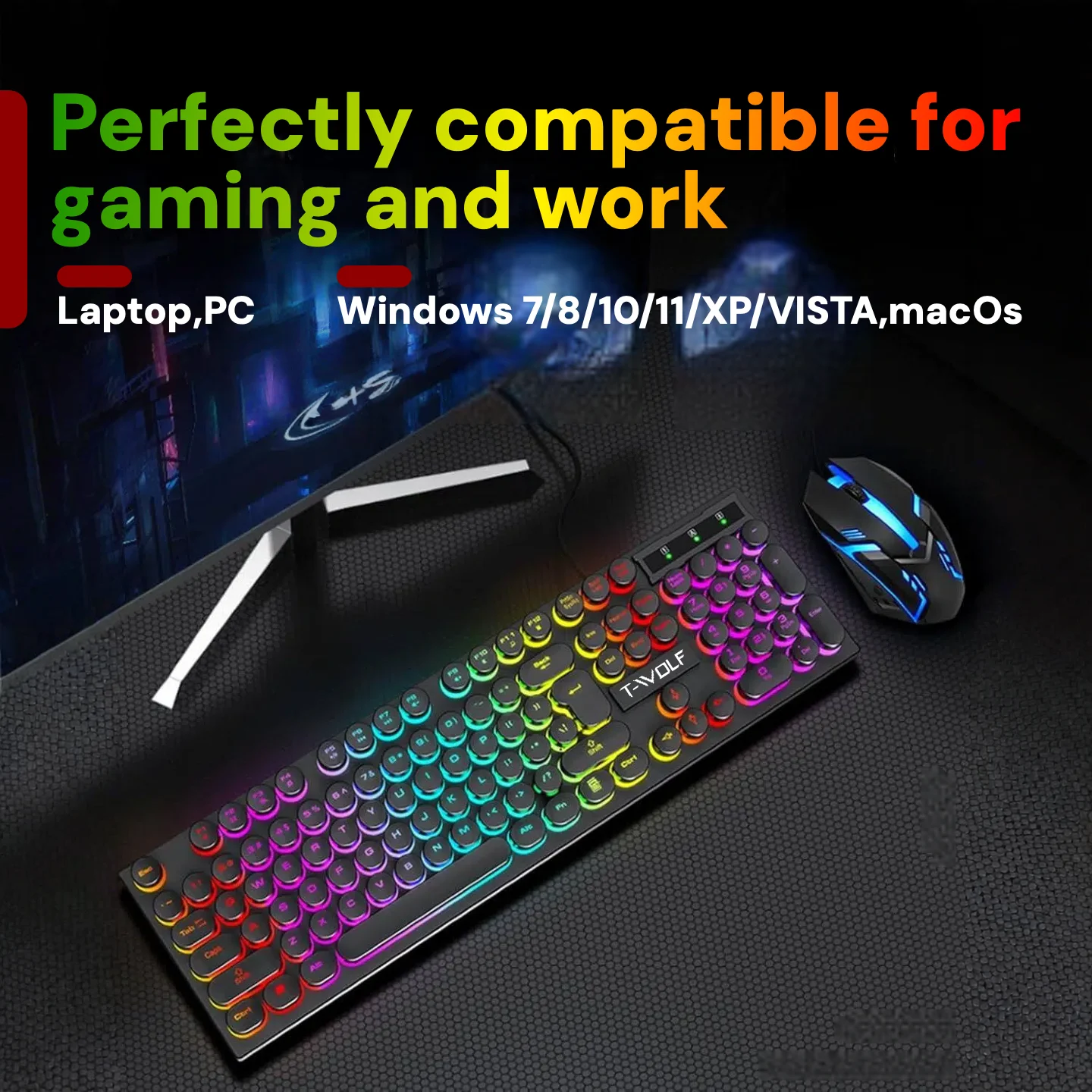 RGB Wired Gaming Keyboard Mouse Combo T-WOLF  Mechanical Feel LED Backlit Ergonomic Plug Play  Gaming Setup Student Back to School Gift PC Laptop