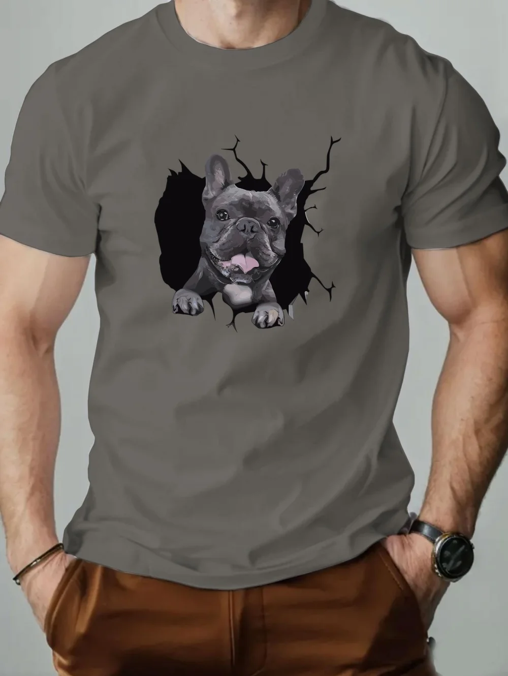 Cute Men's Ripped Puppy Pattern T-Shirt Summer Casual Round Neck Simple Short Sleeve Dog Lovers Casual Quick-Drying Man Clothing