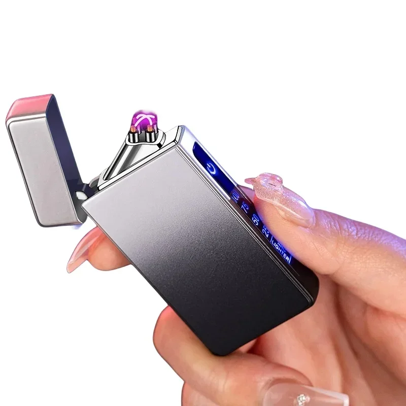 New Electric Windproof Metal Lighter Double Arc Flameless Plasma Rechargeable USB Lighter LED Power Display Touch Sensor Lighter