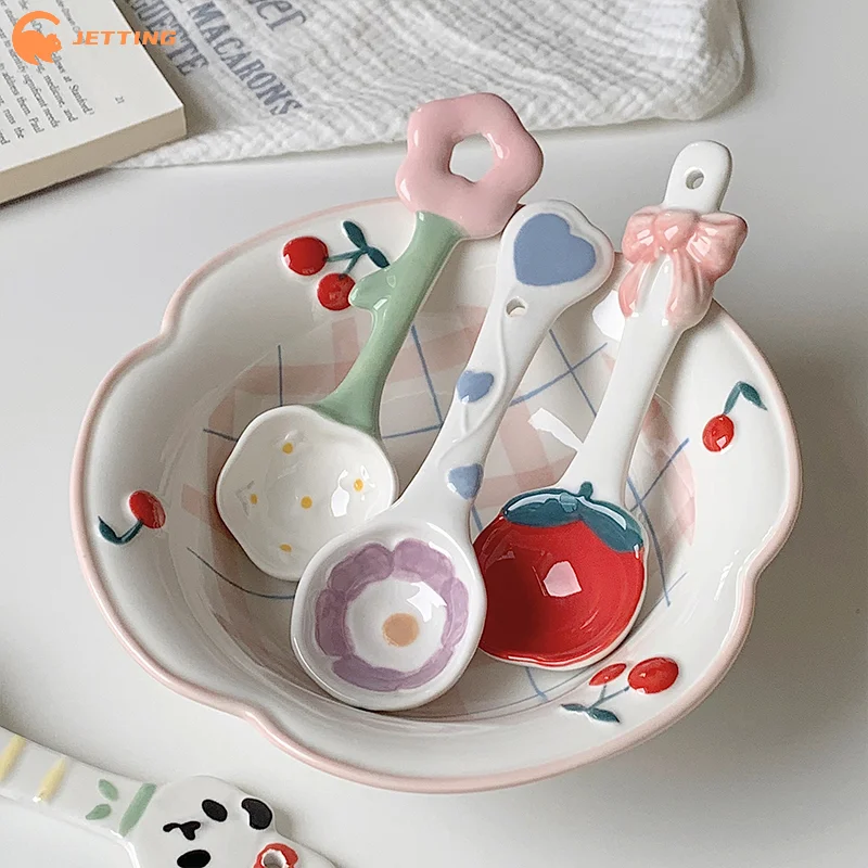 1PCS Cute Underglaze Ceramic Spoon Cartooon Long Handle Perfect For Home Dessert Spoon Yogurt Oatmeal Kitchen Accessories