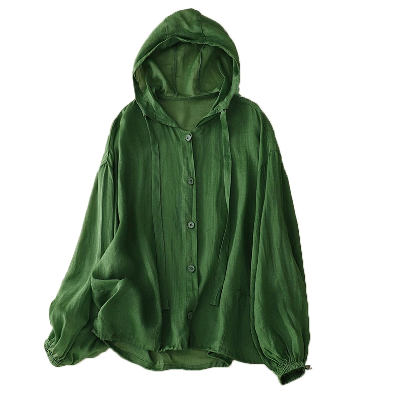 

Women Coats Solid Jackets Drawstring Hooded Long Lantern Sleeves Single Breasted Slight Strech Loose Casual Office 2026 Summer