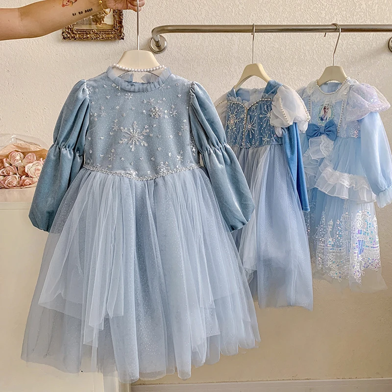 

New Style Girls' Princess Dress Birthday Party Gift Children's Blue Formal Dress puffy Mesh Heavy-duty Ice And Snow Tulle Skirt