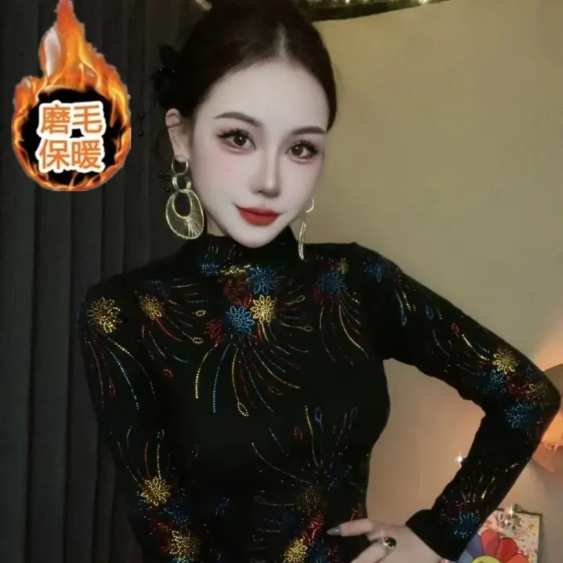 Autumn Winter New Style Half Turtleneck Hot Diamond Bottoming Shirt for Women Fashion Slimming Belly-covering Temperament Top