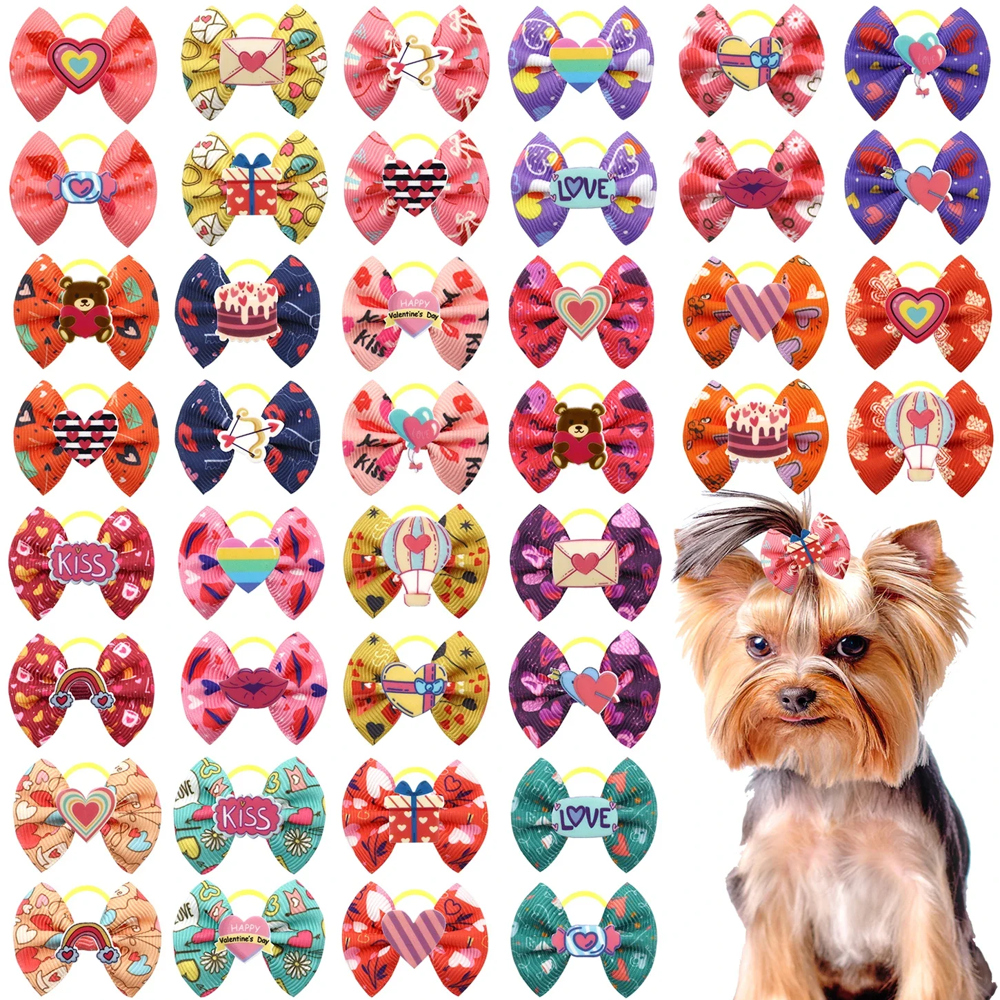 50/100Pcs Valentine's Day Dog Hair Bows With Rubber Bands Cute Dog Topknots Bowknots Pets Grooming Accessories Bows For Girl Dog