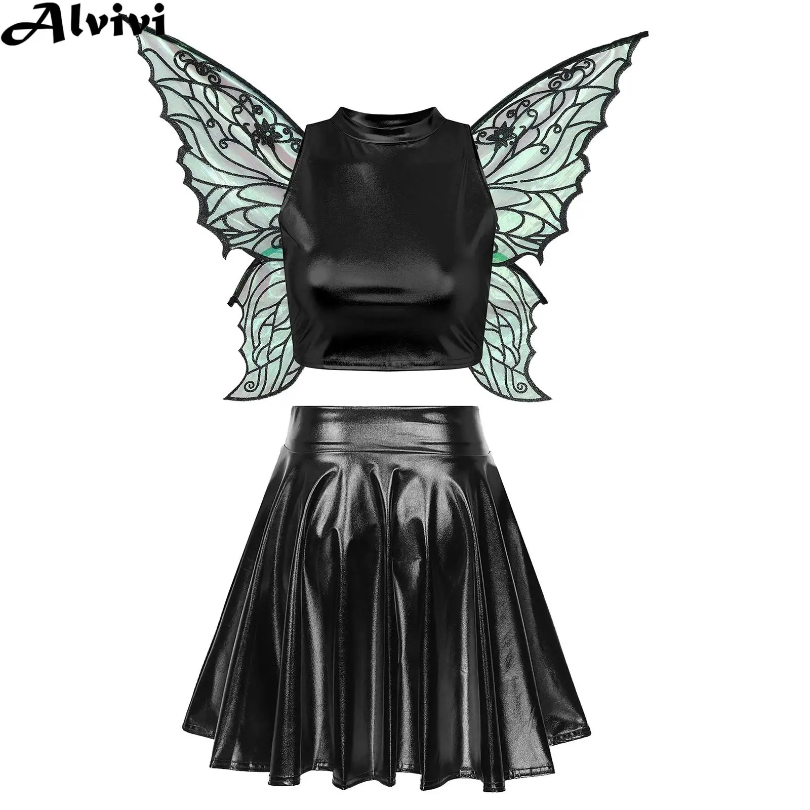 

Женский блестящий укороченный топ без рукавов с юбкой, крылья бабочки, наряд для танца на пилоне, тематическая вечеринка на Хэллоуин, карнавальный костюм феи эльфа