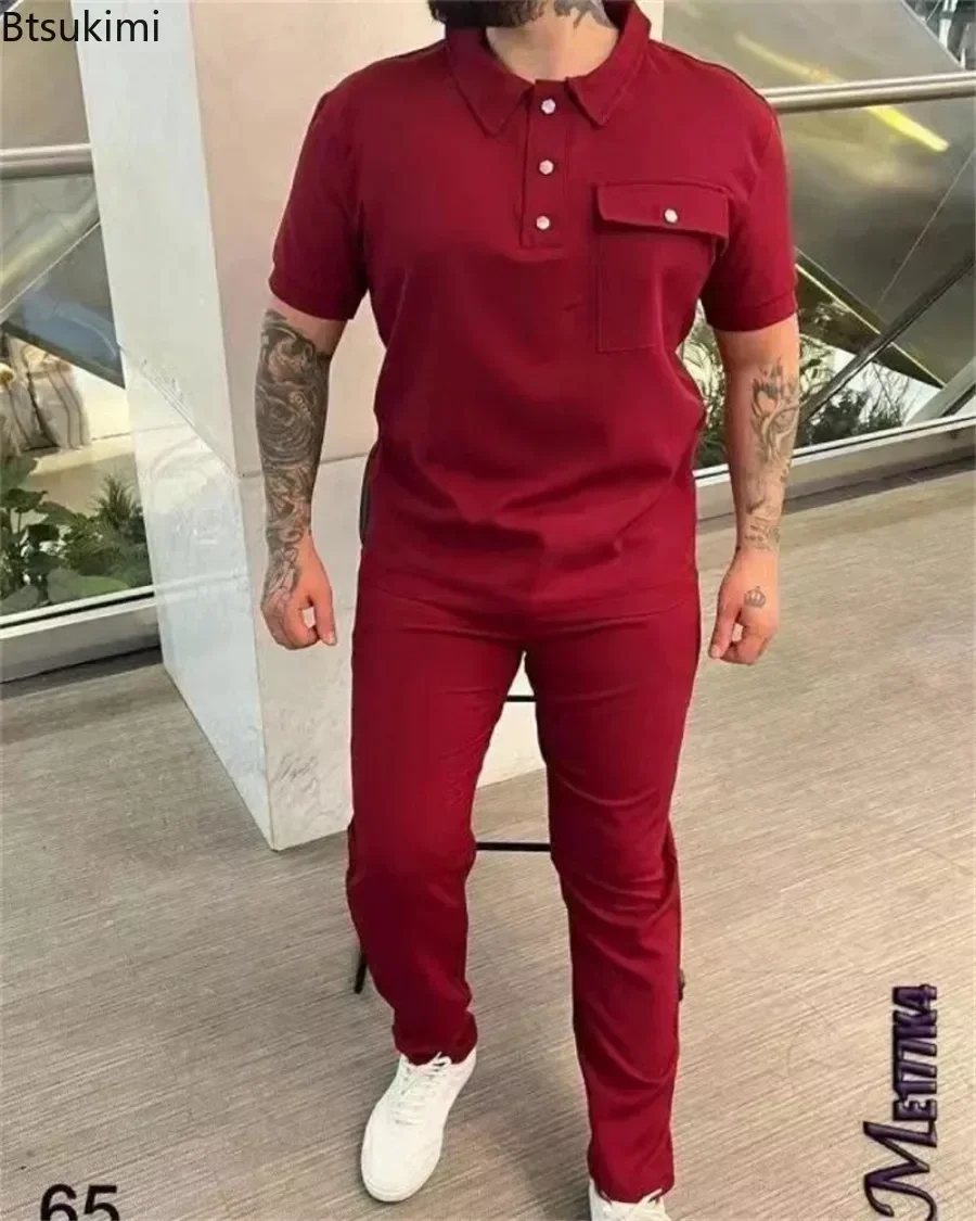 2024 Men's Casual Sport Sets 2PCS Short Sleeve Polo T-Shirts+Pants Suits Sets Solid Spring Autumn Two-piece Tracksuit Men's Sets