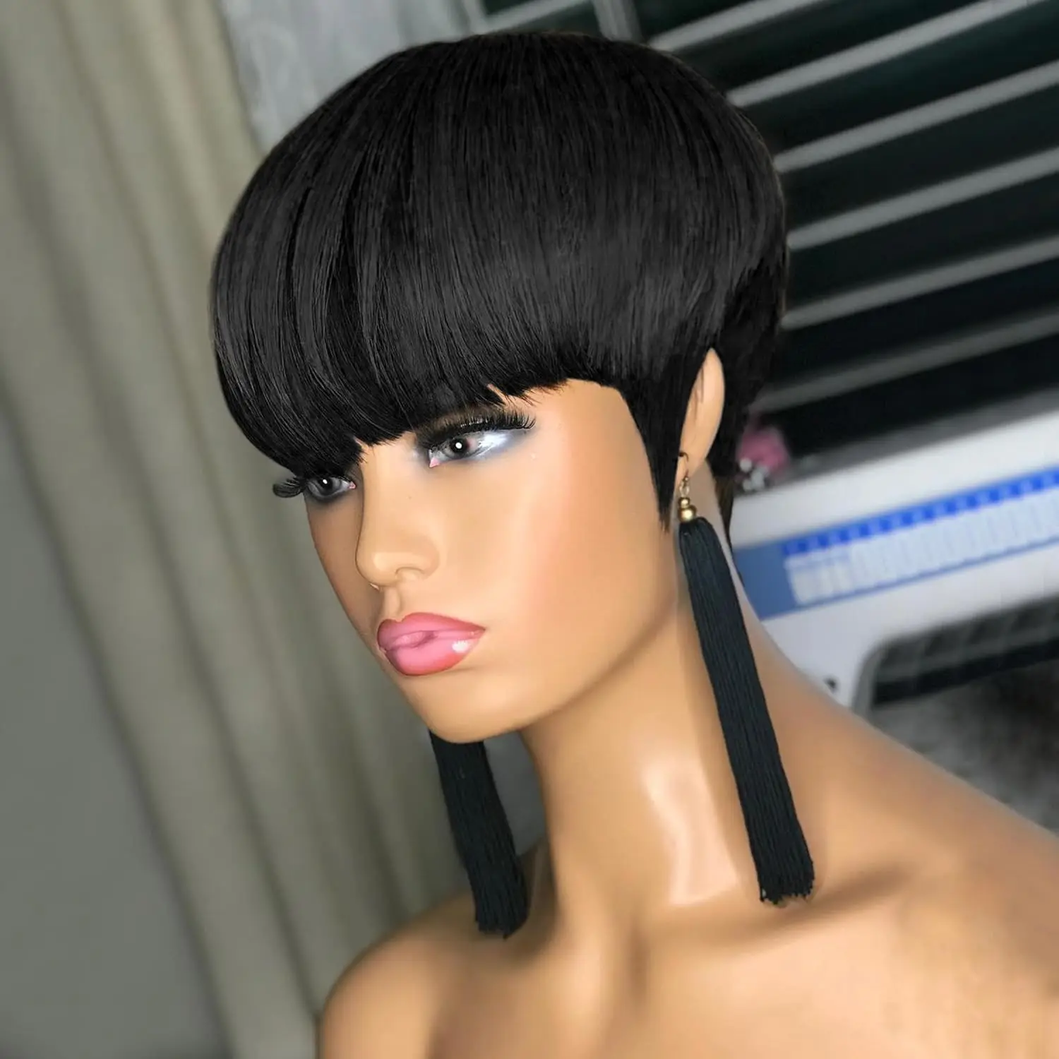 Pixie Cut Wig Human Hair Wigs For Black Women with Bangs Pixie Cut Short Straight Black Wigs Machine Made Wigs