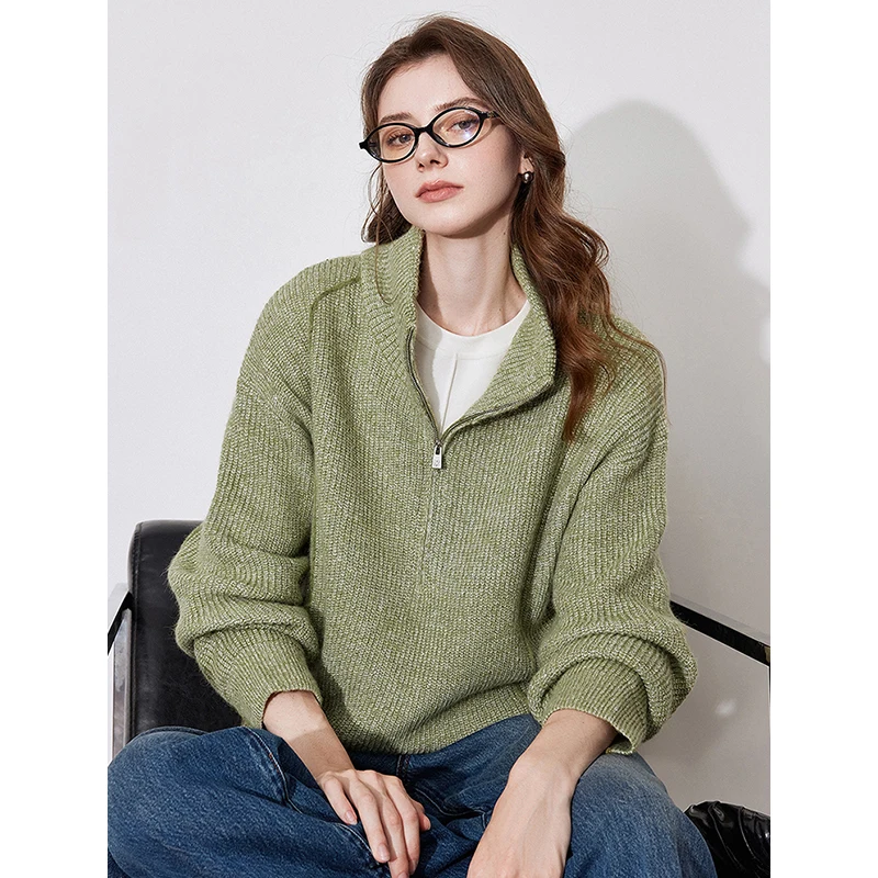 TOYOUTH Women Sweater 2024 Autumn Winter New Zipper POLO Collar Long Sleeve Knitted Pullover Tops Green