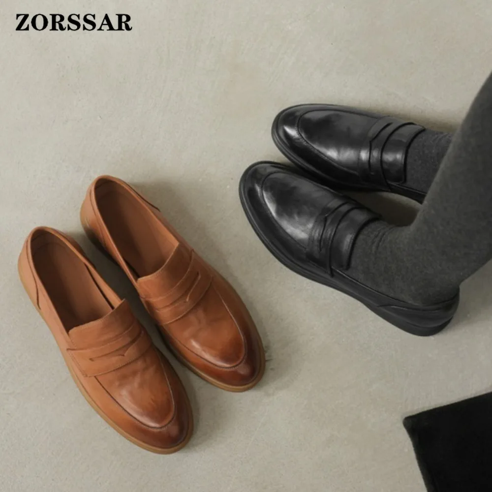 

Women's Retro Penny Loafers Flat Heel Genuine Leather Slip on Shoes Comfortable Office Work Ladies Footwear 2026 New Arrival
