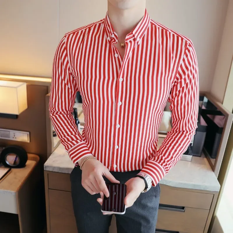 

Men's Slim Fit Red White Striped Long Sleeve Shirt Casual Business Button Down Shirt