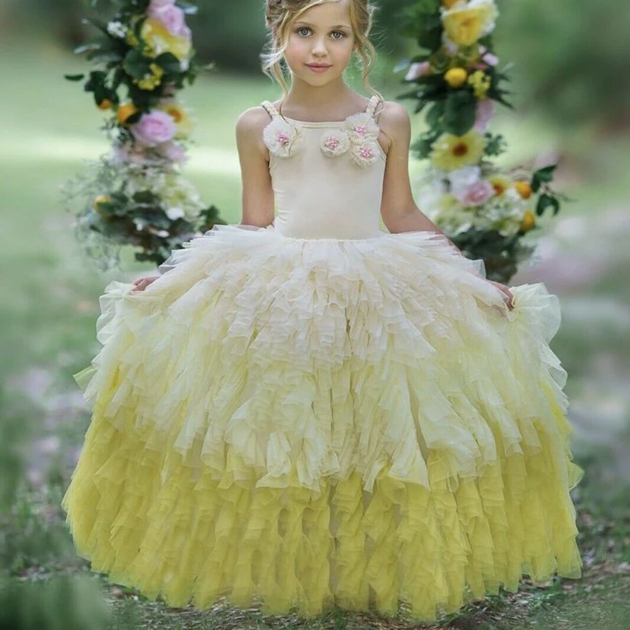 Vestidos de niña de flores personalizados, apliques de tul para boda, vestido de baile con tirantes plisados amarillos, vestido de primera comunión para fiesta de desfile de niños