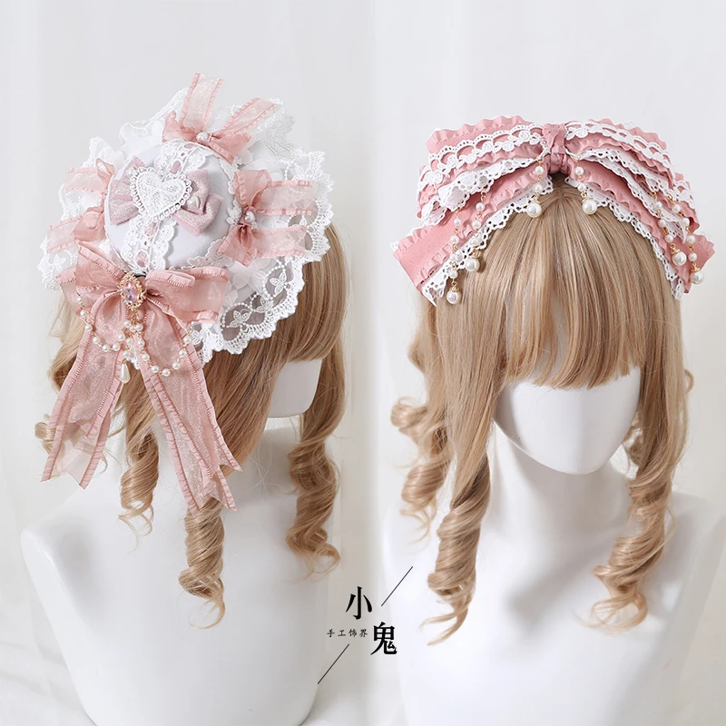 

Original Lo Niang Hair Band Smoky Pink Bow Lace Mori Girl Headdress Lolita KC Headband Humanoid Rose