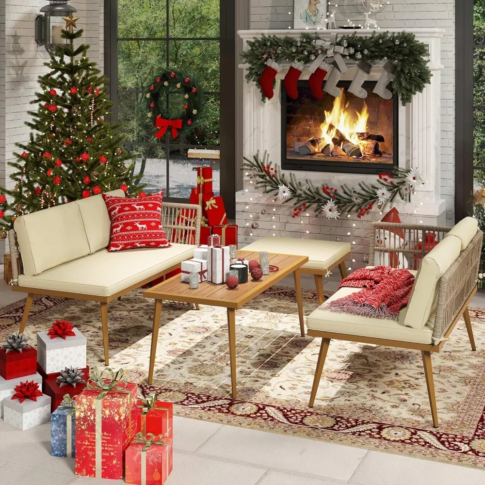 

4 Pieces Garden Furniture Sets, Outdoor Rattan Woven Conversation Sectional L-Shaped Sofa for Backyard, Garden