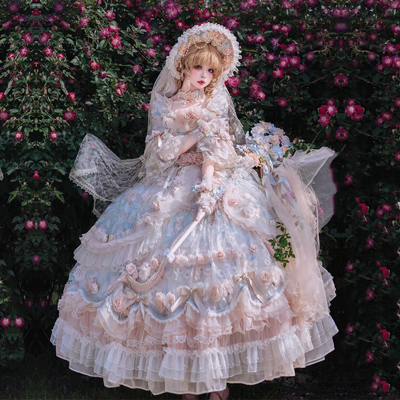 Vestido japonés de fiesta de té para niña, vestido de Lolita con pintura al óleo del palacio Harajuku, precioso vestido de princesa Lolita retro, vestido con pajarita para mujer