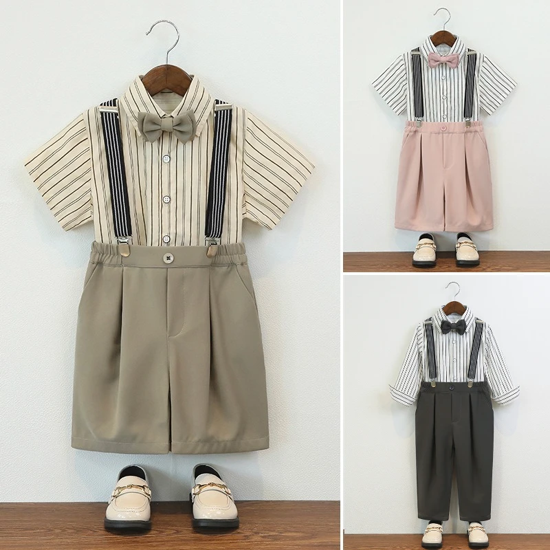 Boys Short Sleeve Shirt Set Summer New Kids Suspenders Outfit Fashion Stripes Pageboys Wedding Formal Wear Toddler Birthday Suit