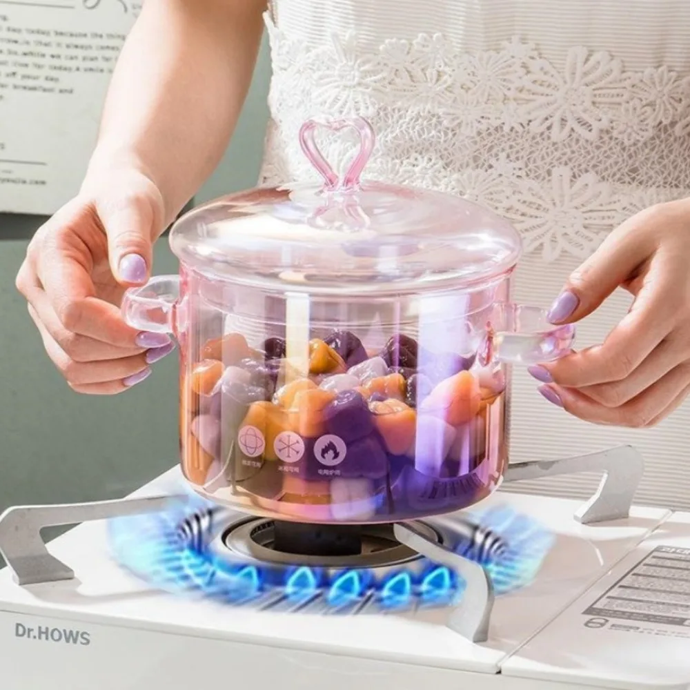 Ästhetischer rosa Glas-Topf, borosilikatbeständig, binaurale Suppe, Herd, Eintopf, Nudeln, Nudeln, Suppentopf, Kochgeschirr, Küchenwerkzeug