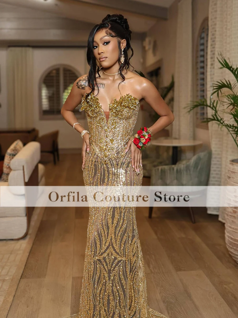 Elegant Gold Prom Dresses Mermaid 2026 Rhinestones Sequin Black Girls Evening Dress Birthday Party Gowns Customized