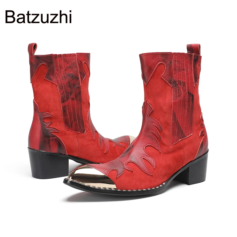 Batzuzhi 6.5cm High Heels Men's Shoes Boots Mid-calf Red Leather Ankle Boots Man Pointed Toe Leather Boots for Man view 4
