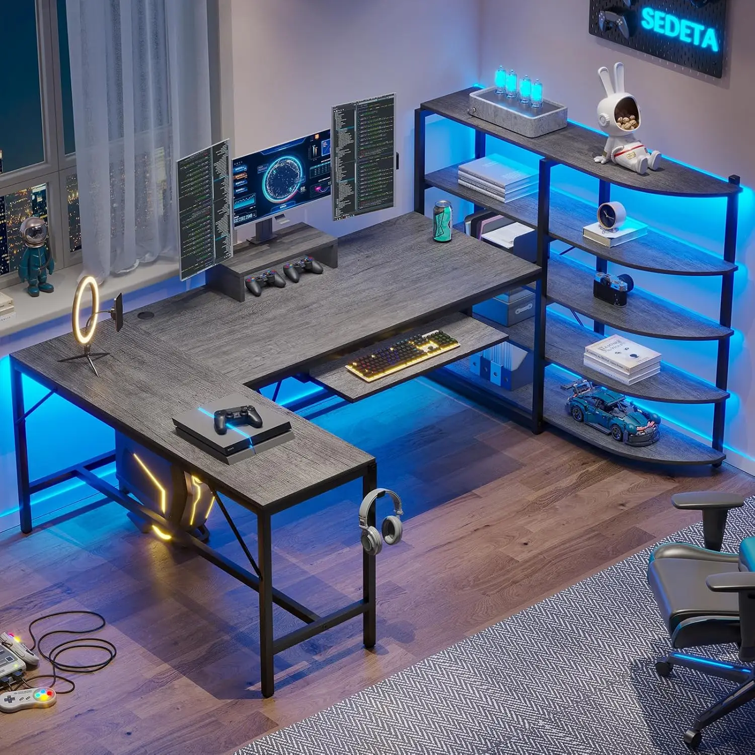 L Shaped Computer Desk, 63'' U Shaped Office Desk, Gaming Desk with Keyboard Tray & LED Lights, Monitor Stand