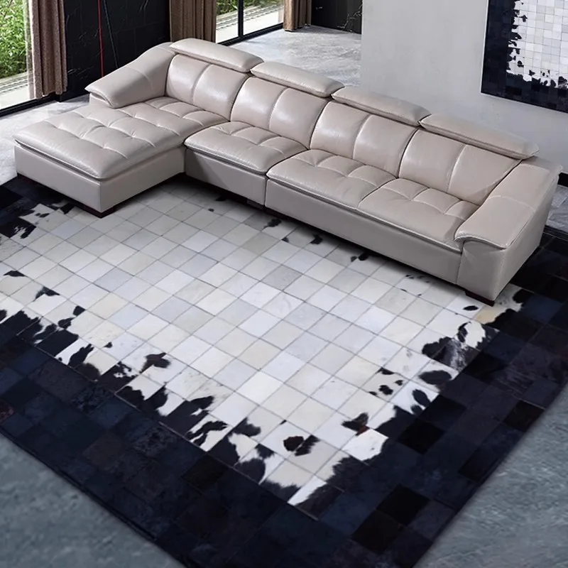 Black White Patchwork Cowhide Carpet for Living Room American Modern Bedroom Area Rug Large Real Cow Leather Customize Home Mat