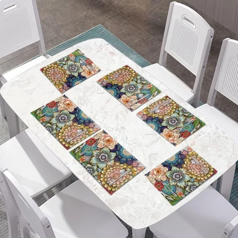 VIKAMA 4-teiliges Bohemian Floral Tischset, ölbeständiges und wasserdichtes Esstisch-Isolier-Tischset, Heimdekoration