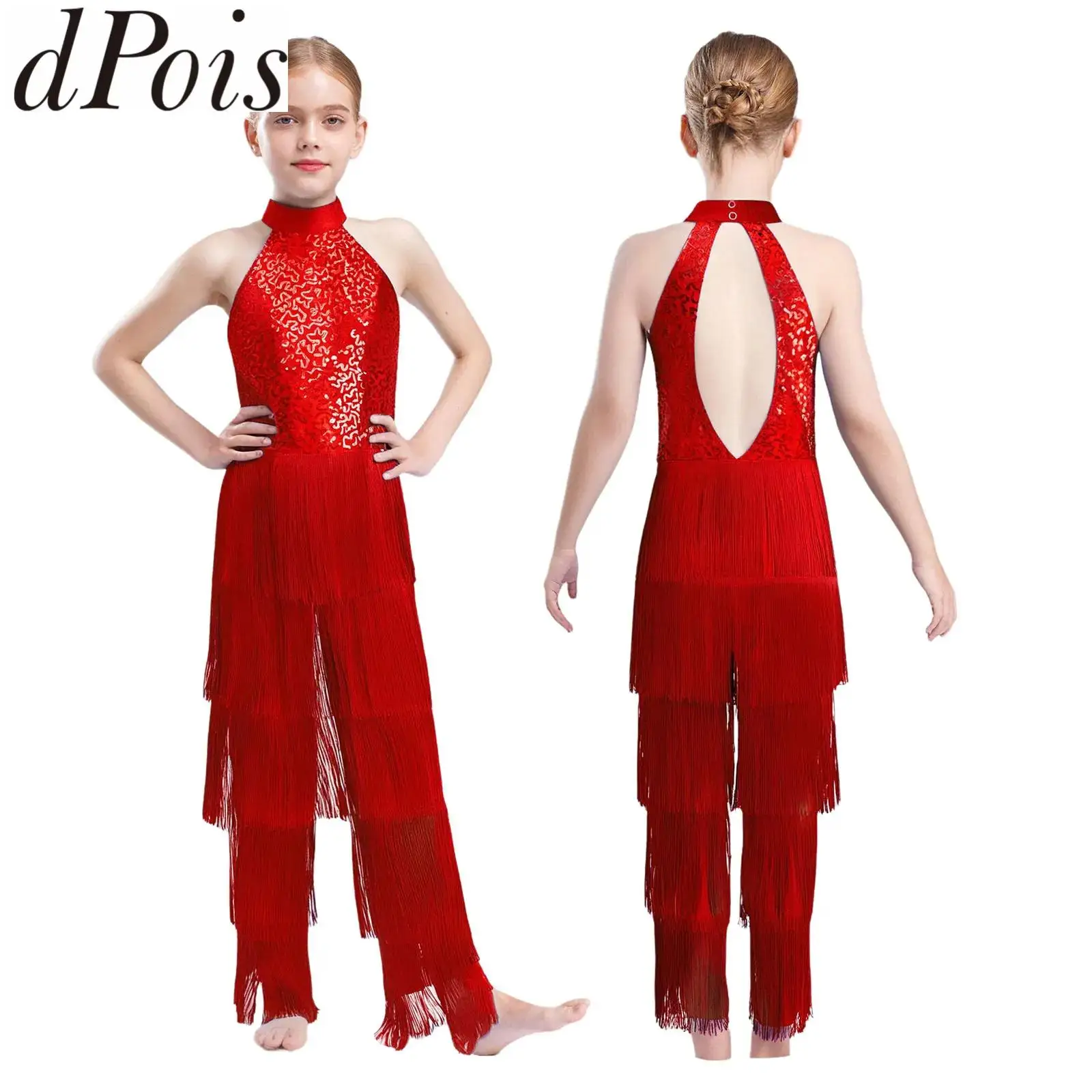 Kids Girls Sleeveless Jazz Costume Tassel Rompers Performance Dancewear Fringe Jumpsuit Tango Cha-Cha Samba Dancing Party Dress