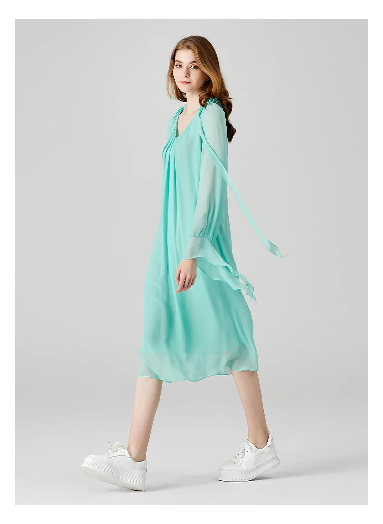 Silk Georgette Emerald Green Ear Edge V-neck Long Sleeve Dresses Women Large Loose Waist Double Layer Silk Dress AE1927