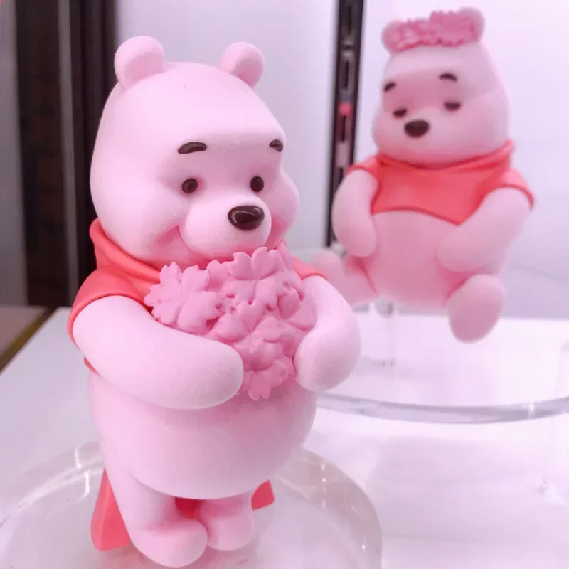 

2025 Disney Cartoon Pink Sakura Winnie the Pooh Figure Flocking Toy Desktop Model Ornaments Children's Birthday Gifts