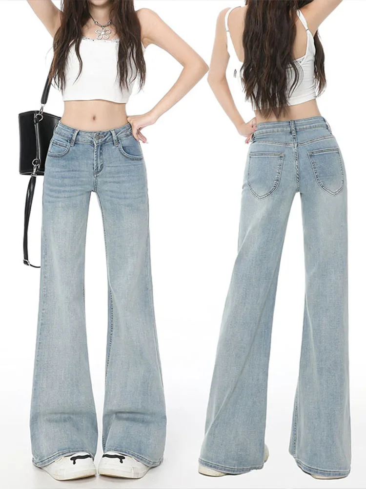 

Light Blue Bell Bottom Denim Jeans Women's Loose Fit Casual High Waist Zipper Closure Cotton Blend Four Season Wear