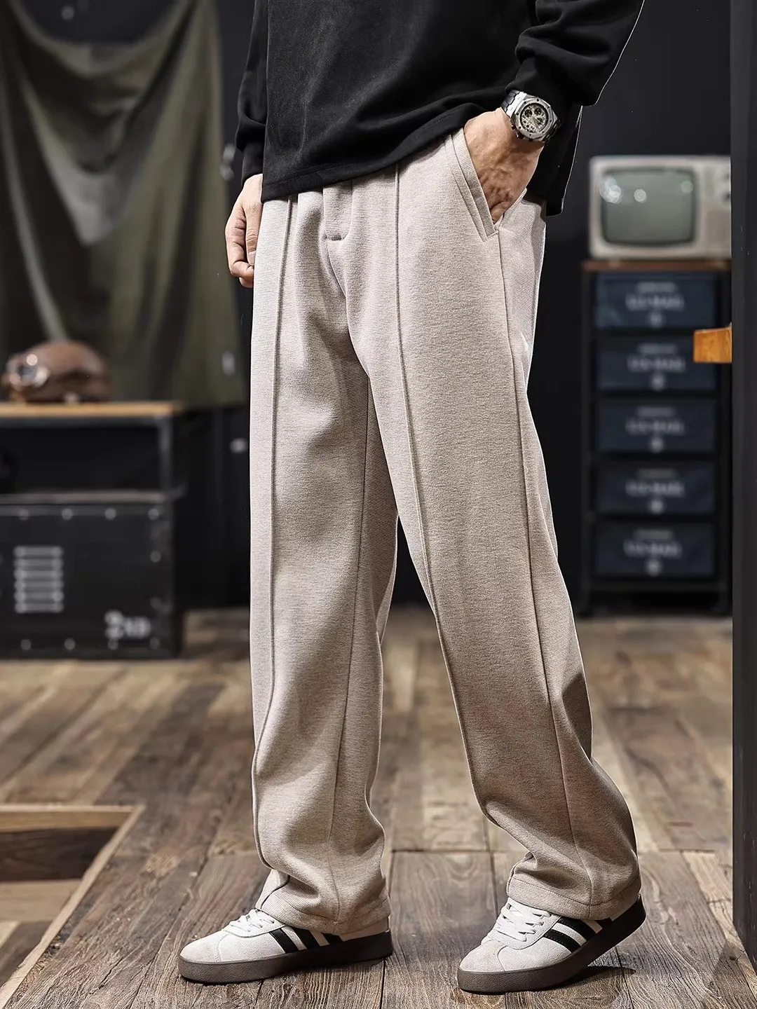 

Thiened Fce Lined Woolen Casual Pants for Men Retro Sle Winter New Faion Warm Anti-Wrinkle Straight Leg Trousers
