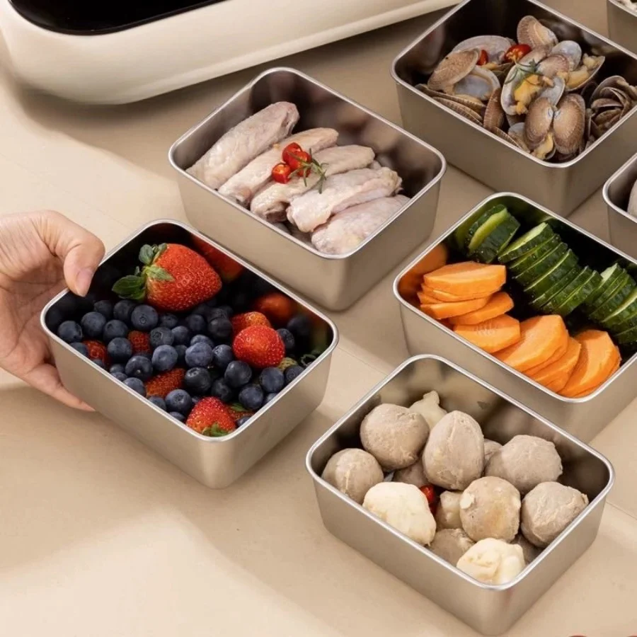 1-2-3pc Rectangular Stainless Steel Food Storage Container Refrigerator Organizer Kitchen Prep Storage Box