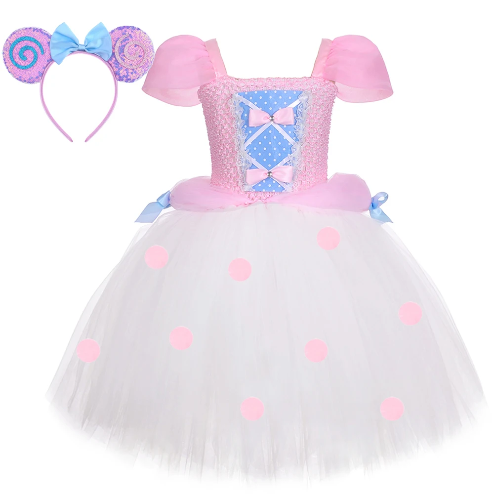 Pink Bo Peep Princess Costumes for Girls Polka Dots Sheep Lined Dresses with Puff Sleeves Kids Birthday Tutus Halloween Outfit