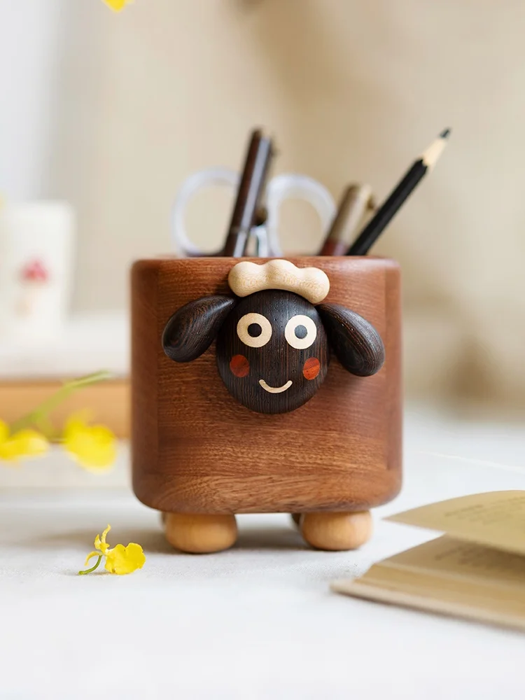 

Lamb Shaped Wooden Pen Holder Desktop Office Desktop Organizer Cute Decorative Item Wood Material Teacher's Day Gift