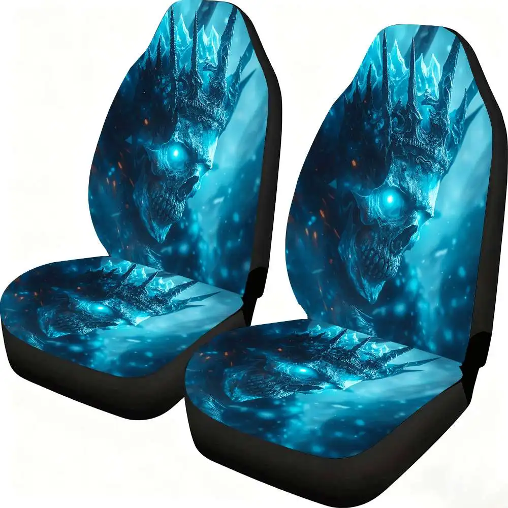 

2pcs Icy Skull King Gothic Car Seat Covers - Fit For Cars, SUVs, Trucks - Glowing Blue Ice & Dark King Throne Design, Non-Slip B
