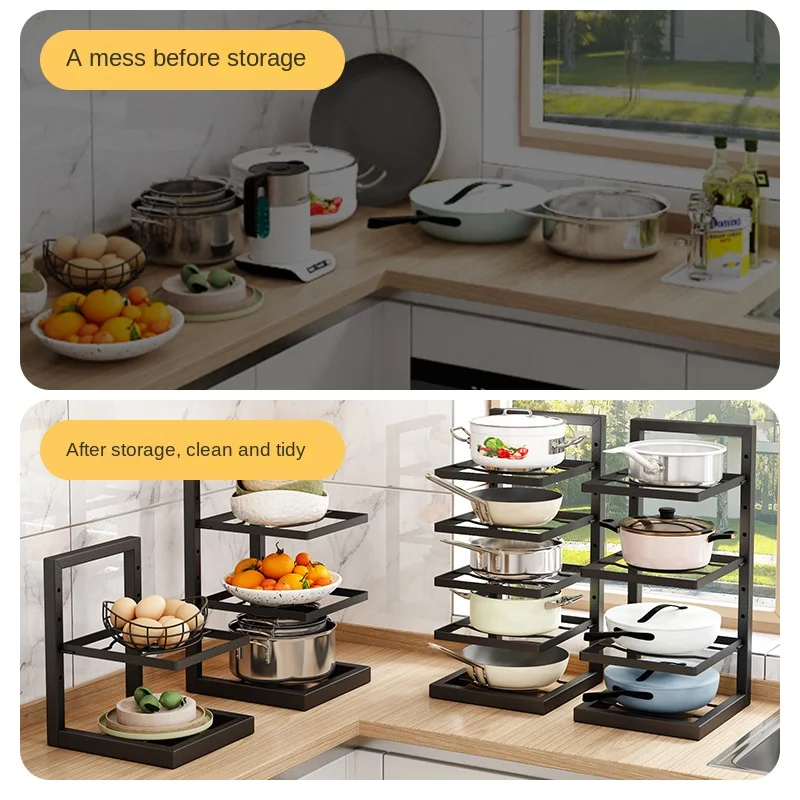 Countertop Pots and Pans Sundry Storage Rack Kitchen Floor-standing Multi-layer Shelves Height Adjustable Storage Pot Racks