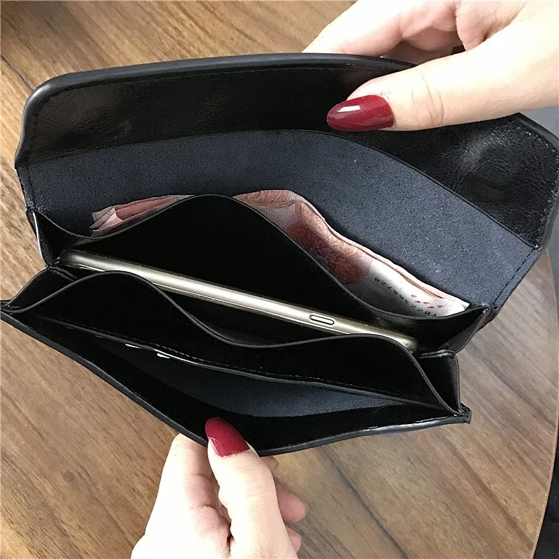 Genuine Leather Wallet Women Fashion Money Bag with Magnetic Buckle Long Wallet Pocket Handbag Leather Card Holder for Women