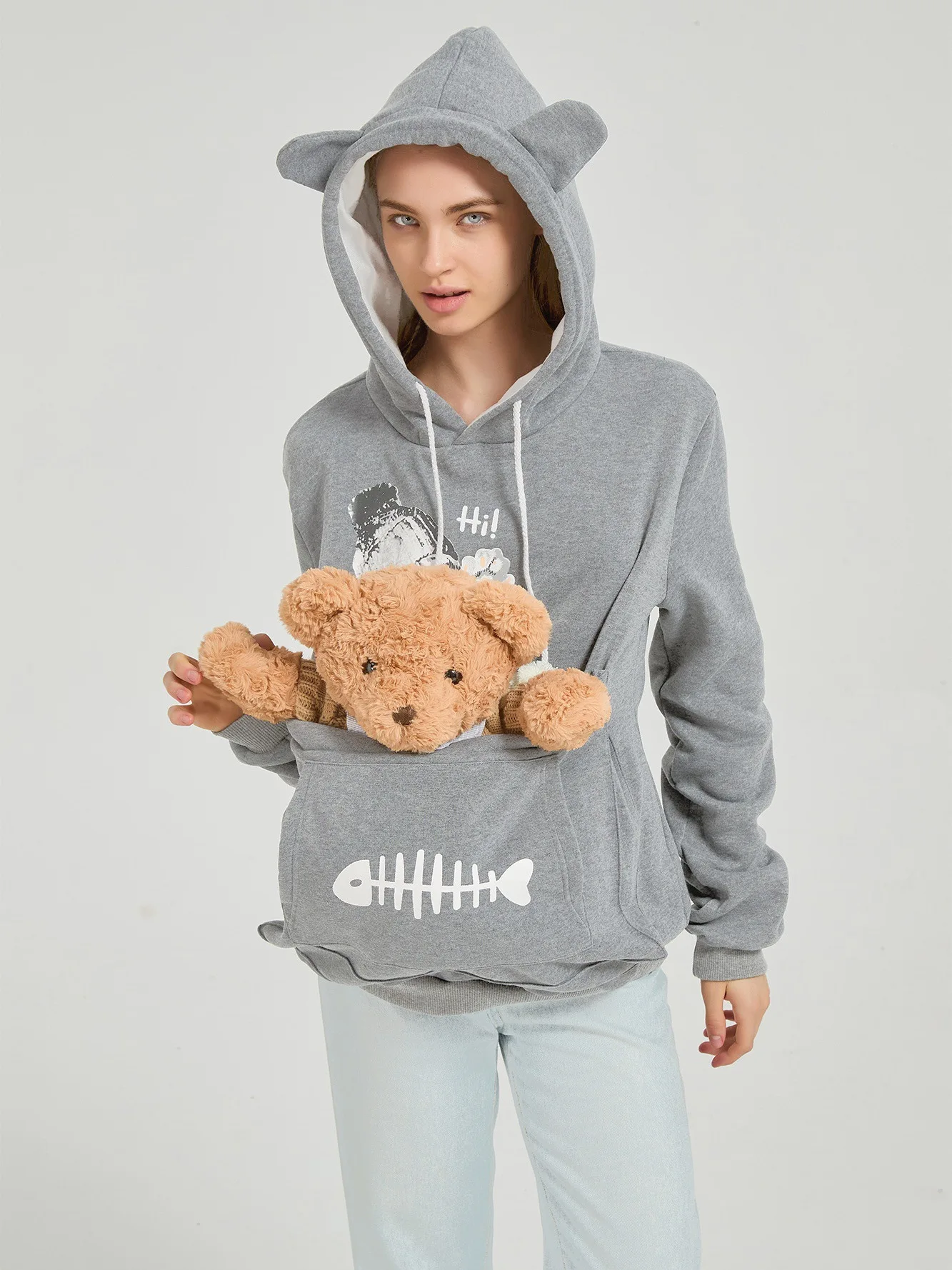 Women Cartoon Print Fleece Hoodie Loose Fit Pet Friendly Pet Pouch Pocket Travel Casual Sweatshirt Daily Wear Pullover Top