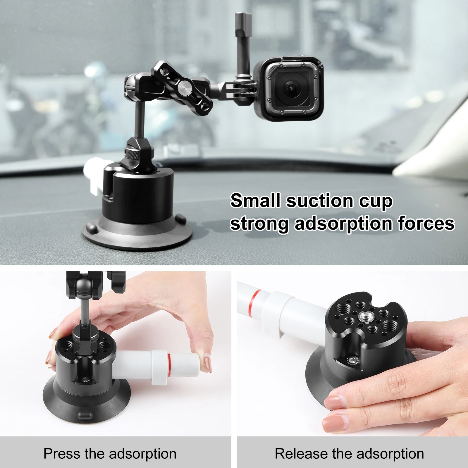 PULUZ 3 inch Car Single Pump Suction Cup Aluminum Alloy Mount with 1/4 3/8 Screw Hole for Gopro/ Insta360/ DJI and Other Cameras