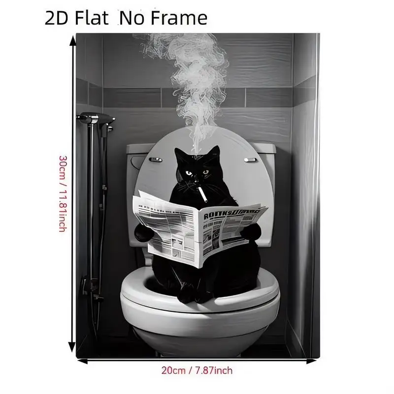 2D Flat No Frame, Humorous Black Cat Smoking & Reading Newspaper on Toilet Tin Wall Art - 20x30cm Iron Decor, Perfect for Bathro