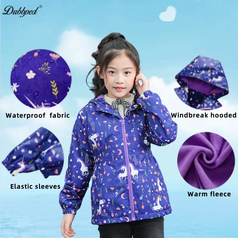 Dubbped Kids Girls Flower Purple Rain Jackets Waterproof Coat Lightweight Hooded Warm Lined Raincoats Reflective Windbreakers