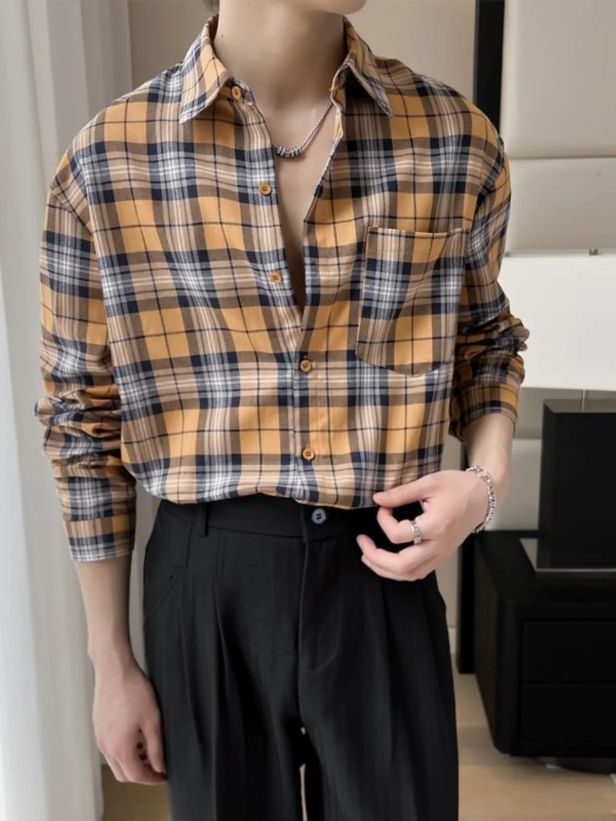 

Желтая клетчатая свободная мужская длинная све irt Autumn Faion, повседневная удобная дышащая молодежная трендовая краска Proc с квадратным воротником